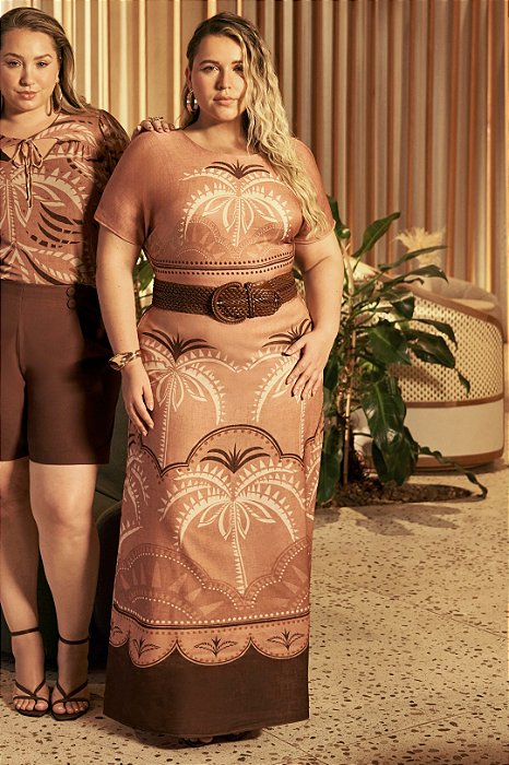 Vestido Plus Size Longo Estampado De Marrom Em Viscose E Sarja Four Way Lisamour - 202148