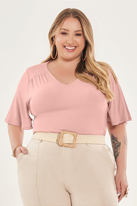 Blusa Plus Size Rose Em Malha Ribana Com Detalhe De Pregas Lisamour - 202116