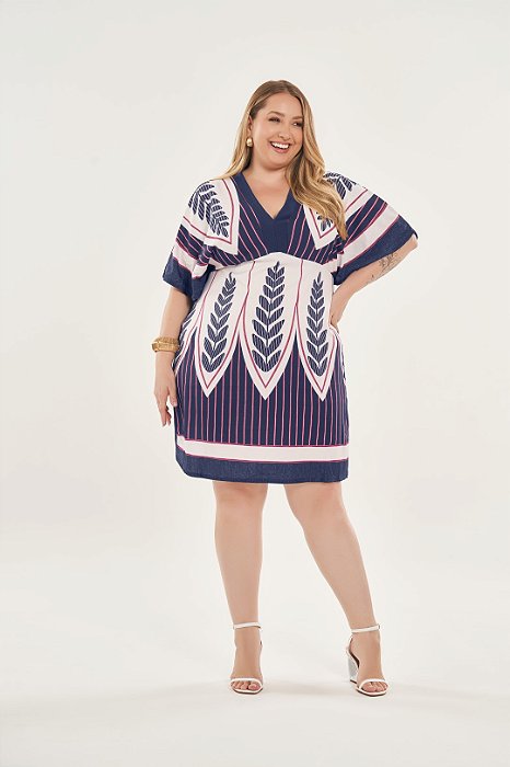Vestido Plus Size Azul Com Estampa Frontal Em Sarja Four Way Lisamour - 202095