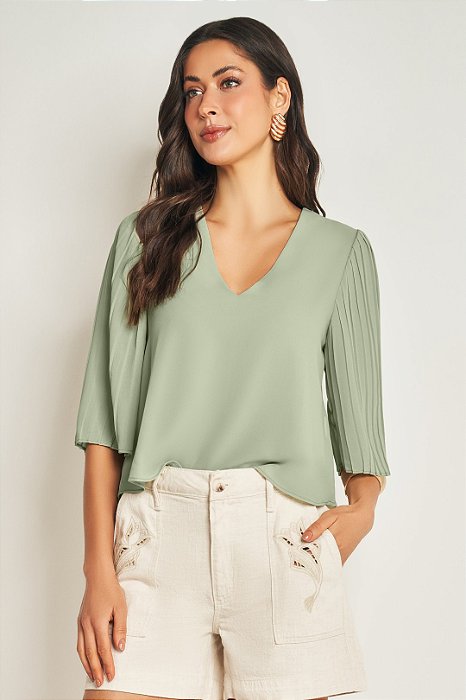 Blusa Verde Em Chiffon Com Manga 3/4 Plissada E Decote V Doce Trama - 105505