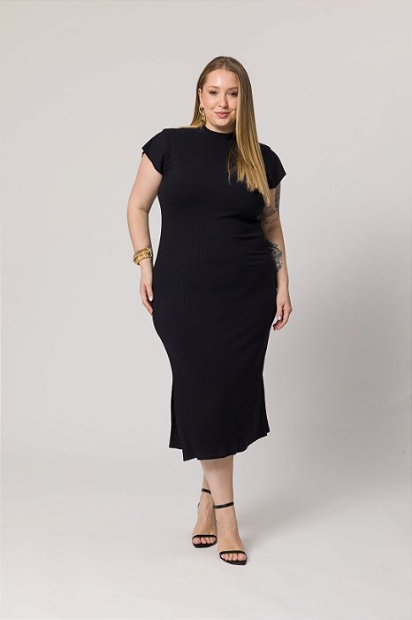 Vestido Midi Preto Em Ribana Canelada Com Fenda Lateral Lisamour - 202072