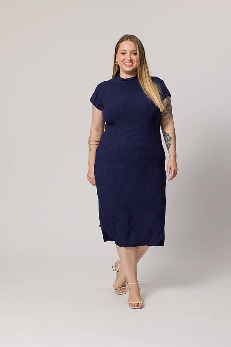 Vestido Midi Azul Em Ribana Canelada Com Fenda Lateral Lisamour - 202072