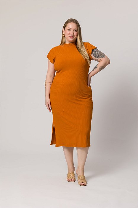 Vestido Midi Conhaque Em Ribana Canelada Com Fenda Lateral Lisamour - 202072