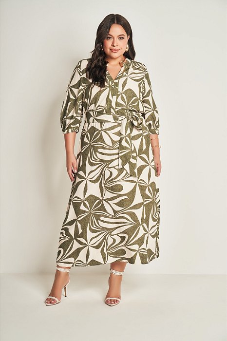 Vestido Plus Size Maxi Midi Estampado Em Viscose Acompanha Faixa Doce Trama - 105603
