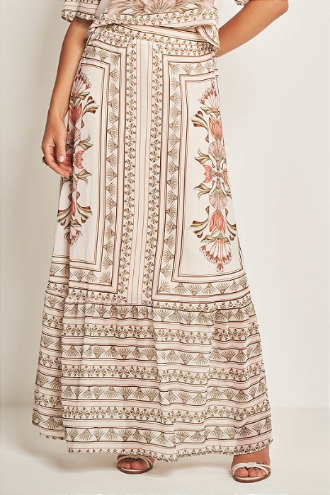 Saia Longa Estampada Em Chiffon Com Elástico Na Cintura Nas Costas Doce Trama - 105498