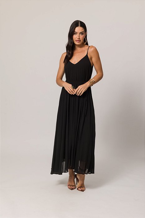 Vestido Maxi Midi Preto De Alça Em Chiffon Acompanha Faixa Doce Trama - 105484