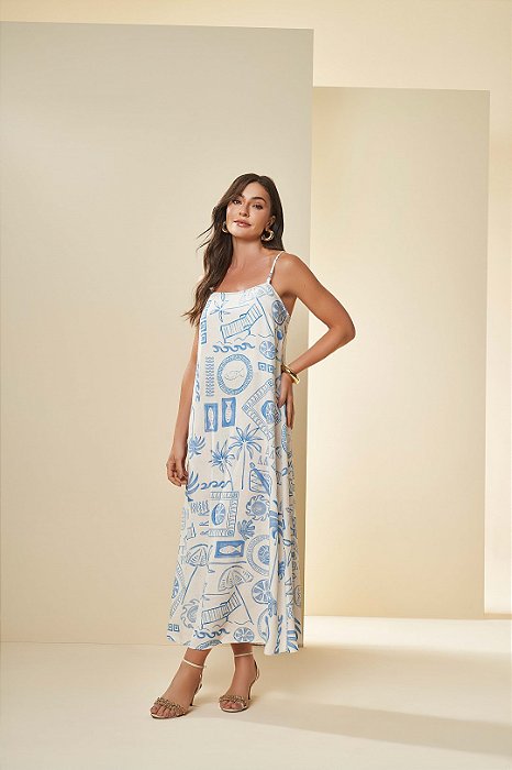 Vestido Maxi Midi Estampado Em Viscose De Alça Ajustável Doce Trama - 105765