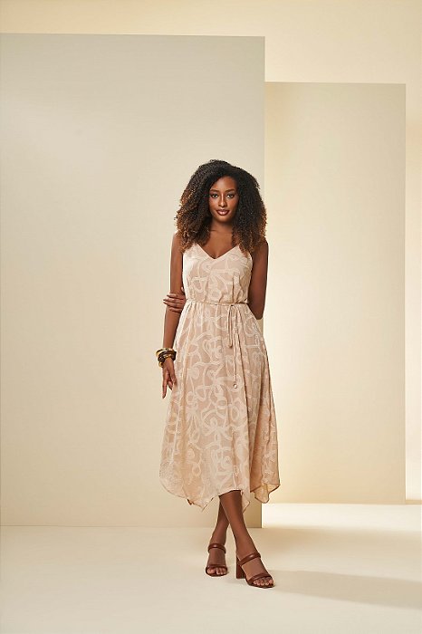 Vestido Assimétrico Nude Em Plano Jacquard Orgânico Acompanha Cinto Doce Trama - 105822