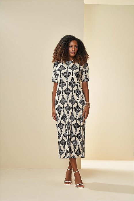 Vestido Maxi Midi Estampado Em Ribana Canelada De Manga Curta Doce Trama - 106003
