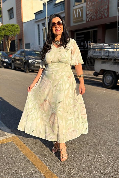 Vestido Maxi Midi Estampado De Verde Em Chiffon Com Pregas Frontais Dazul - 4775