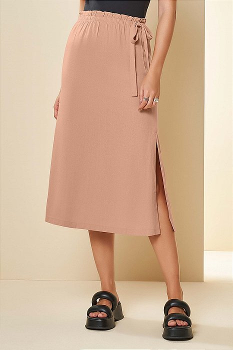 Saia Midi Rose Em Viscolinho Com Fenda Lateral Doce Trama - 106121