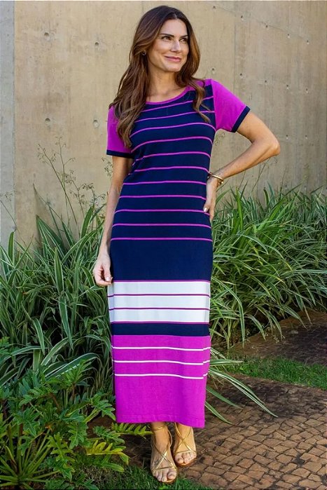 Vestido Plus Size Maxi Midi Listrado De Fucsia Azul E Off White Com Fendas Laterais - 62700980