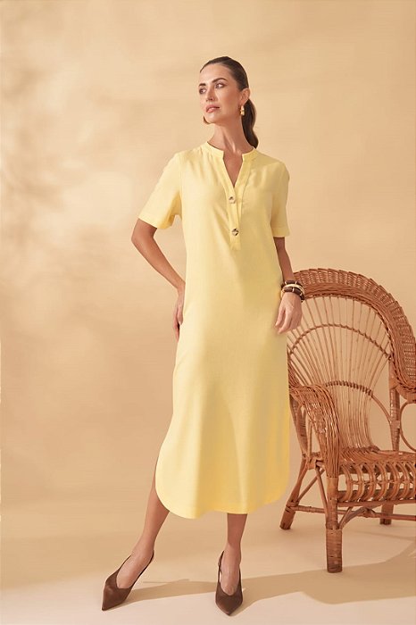 Vestido Maxi Midi Amarelo Em Viscolinho Com Botões Orgânicos - 2528