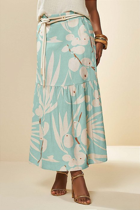 Saia Maxi Midi Estampada Em Viscolinho Com Bolsos Frontais Doce Trama - 105888