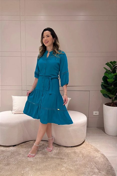 Vestido Chemise Verde Em Viscose Com Detalhe De Guipir Expressão - 4822