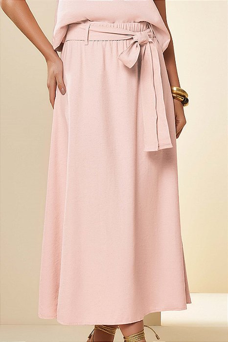 Saia Maxi Midi Rosa Em Linên Com Elástico E Faixa Na Cintura Doce Trama - 105868