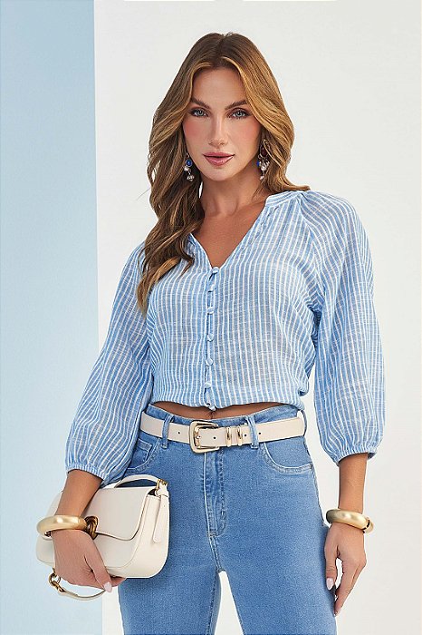 Camisa Listrada De Azul E Off White Com Gola Padre E Decote V Doce Trama - 105938