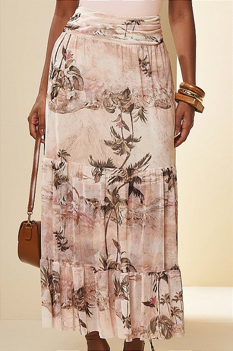 Saia Longa Três Marias Estampada Em Tule Com Franzido Na Cintura Doce Trama - 105873