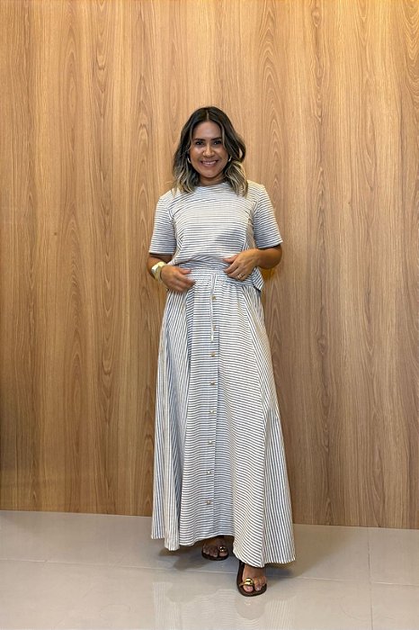 Conjunto De Saia Longa Listrada De Off White E Azul Com Botões Frontais - 5035