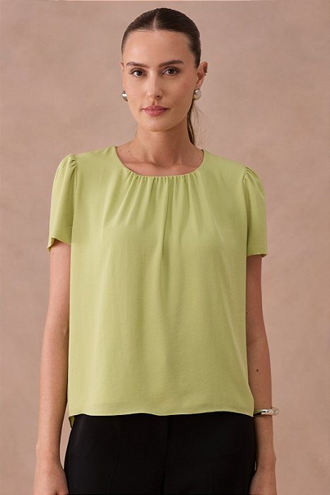 Blusa Verde Em Crepe Decote Redondo Franzido E Manga Curta P.A Concept - BL260088