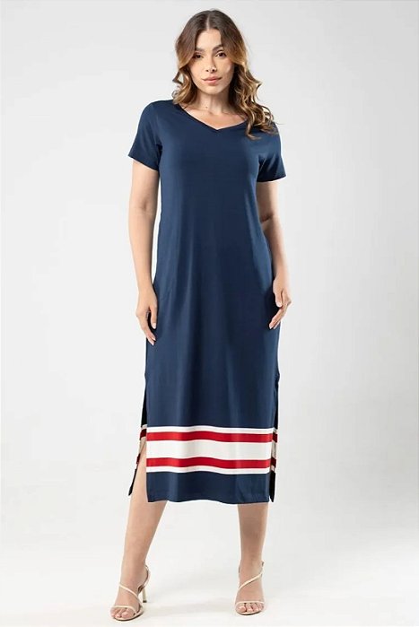 Vestido Plus Size Maxi Midi Azul Com Barra Listrada De Off White E Vermelho - 71200040