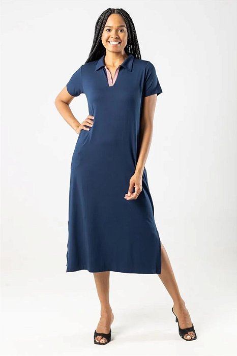 Vestido Plus Size Maxi Midi Azul Com Gola Polo E Fendas Laterais - 59300040