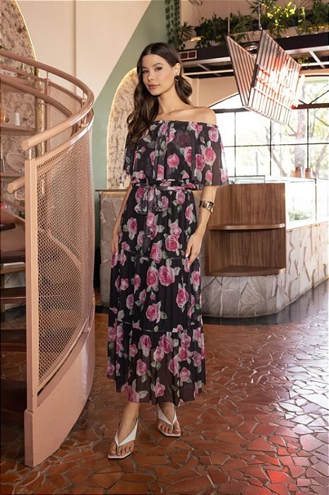 Vestido Maxi Midi Estampa Floral Em Tule Acompanha Faixa Jany Pim - 6434