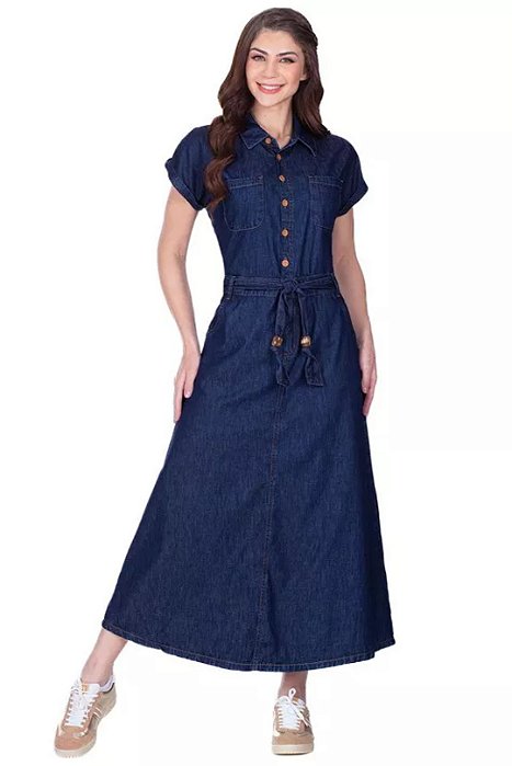 Vestido Maxi Midi Jeans Com Botões Frontais E Acompanha Faixa Hapuk - 62009