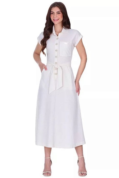 Vestido Maxi Midi Cru Em Malha Piquet Com Botões Frontais E Acompanha Faixa Hapuk - 61979