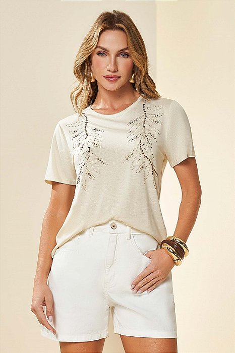 T-Shirt Bege Com Termocolante Frontal Em Malha De Manga Curta Doce Trama - 105982