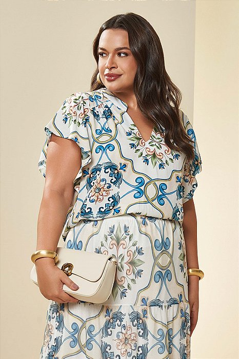 Blusa Estampada Em Viscose De Manga Curta E Gola Padre Lisamour -105970