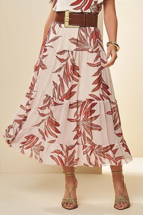 Saia Maxi Midi Estampada De Vermleho Em Tule Três Marias Doce Trama - 105981