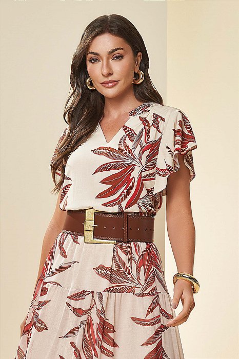 Blusa Estampada De Vermelho Em Viscose De Manga Curta E Gola Padre Lisamour -105970