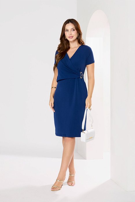Vestido Azul Transpassado Com Detalhe De Fivela Orgânica Clamila - 10826