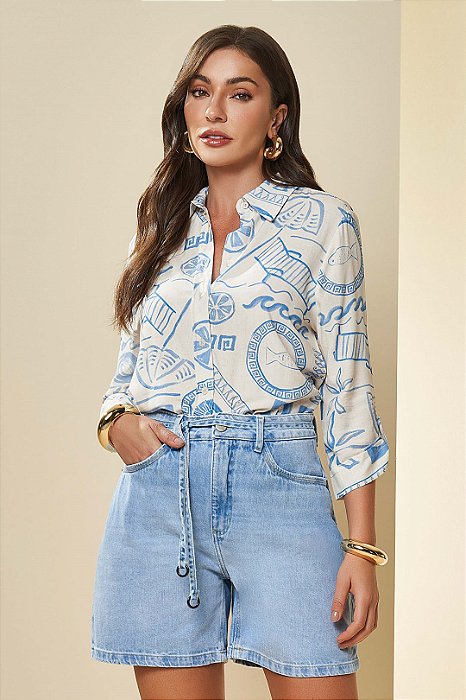Camisa Estampada Em Viscose De Manga 3/4 Com Martingale Doce Trama - 105762