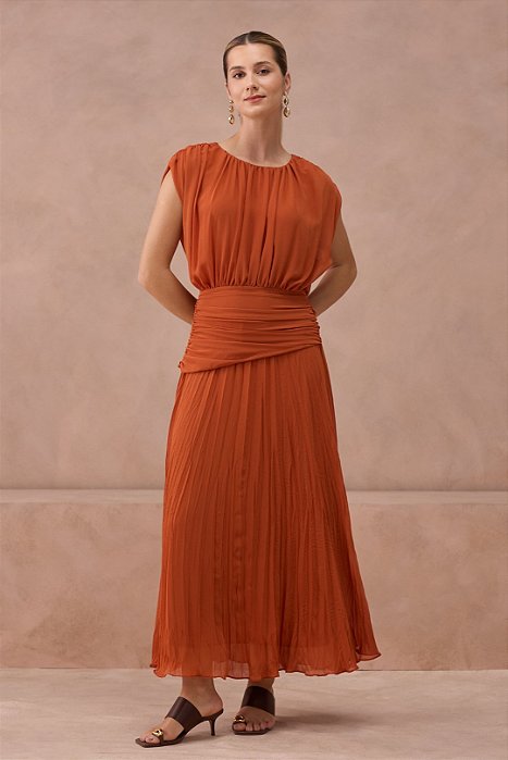 Vestido Longo Laranja Em Crepe Texturizado Com Saia Plissada P.A Concept - VE260045