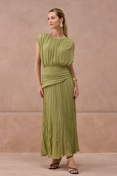 Vestido Longo Verde Em Crepe Texturizado Com Saia Plissada P.A Concept - VE260045
