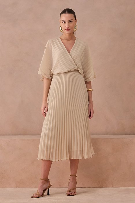 Vestido Midi Bege Transpassado Em Crepe Plissado P.A Concept - 260050
