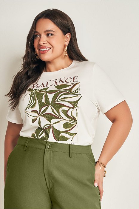 T-Shirt Off White Com Estampa Frontal Verde E Marrom Em Meia Malha Doce Trama - 105615