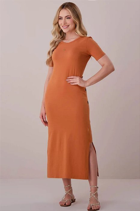 Vestido Maxi Midi Telha Em Malha Com Fendas E Botões Laterais Tatá Martello - 06317