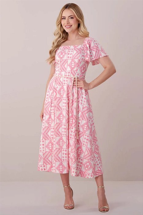 Vestido Maxi Midi Estampado Em Viscolinho Acompanha Cordão Tatá Martello - 6321