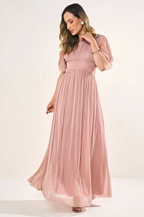 Vestido Longo Rose Em Tule Com Lurex E Manga Morcego Fascínius - 0302902