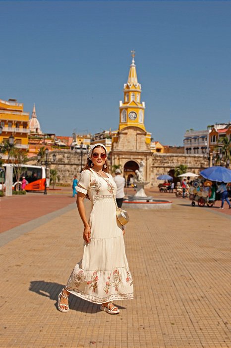 Vestido Longo Amarelo Manteiga Com Estampa Frontal E No Barrado Nítido Jeans - 04170