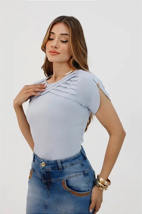 Blusa Azul Em Viscose Com Detalhe De Nervuras Transpassadas Nítido Jeans - 04124