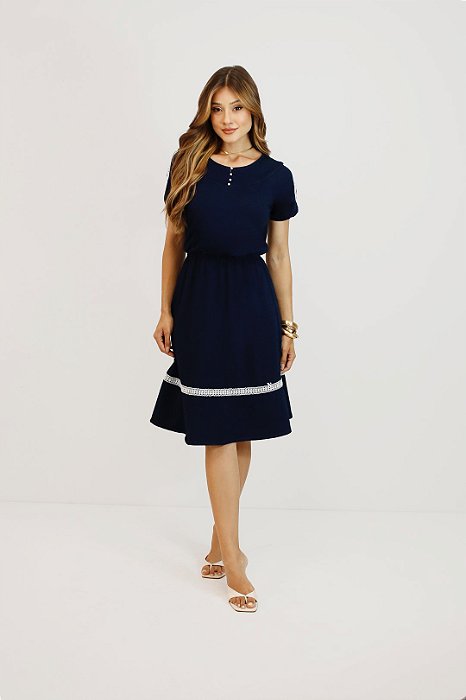 Vestido Azul Em Malha Denim Com Detalhe De Guipir Nítido Jeans - 04161