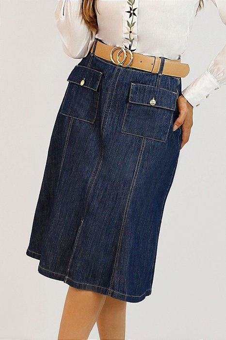 Saia Midi Jeans Com Bolsos Frontais E Acompanha Cinto Nítido Jeans - 04177