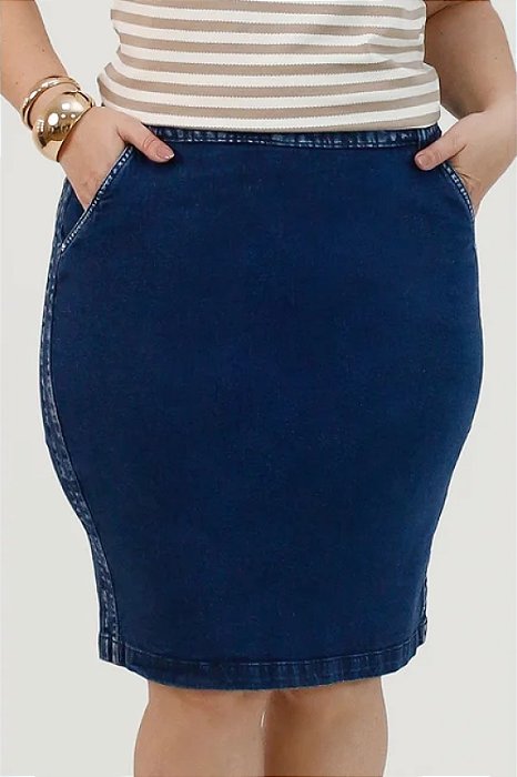 Saia Plus Size Jeans Com Bolsos Frontais E Traseiros Nítido Jeans - 04033