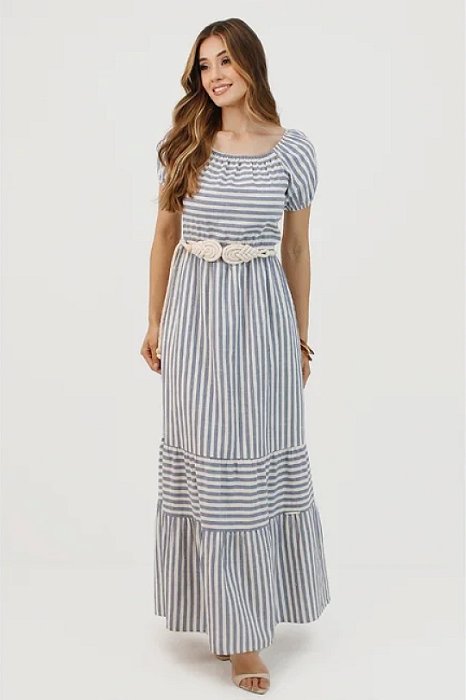 Vestido Longo Listrado De Off White E Azul Acompanha Cinto Cordão Nítido Jeans - 03999