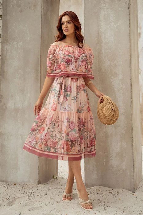 Vestido Midi Estampa Floral Em Tule Com Babado E Acompanha Faixa Jany Pim - 6509