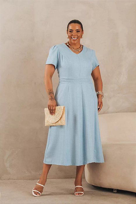 Vestido Midi Azul Com Nervuras Frontais De Manga Curta E Decote V - 42420